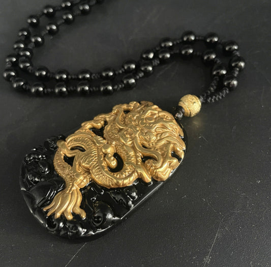 Natural Obsidian With 18K Gold Dragon Pendant