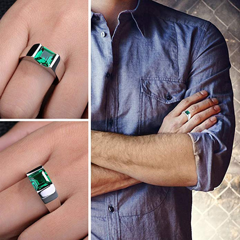 925 Sterling Silver Sapphire Emerald Men's Ring