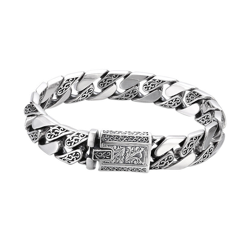 925 Sterling Silver Bracelet Thick Tangcao Pattern Cuban Men