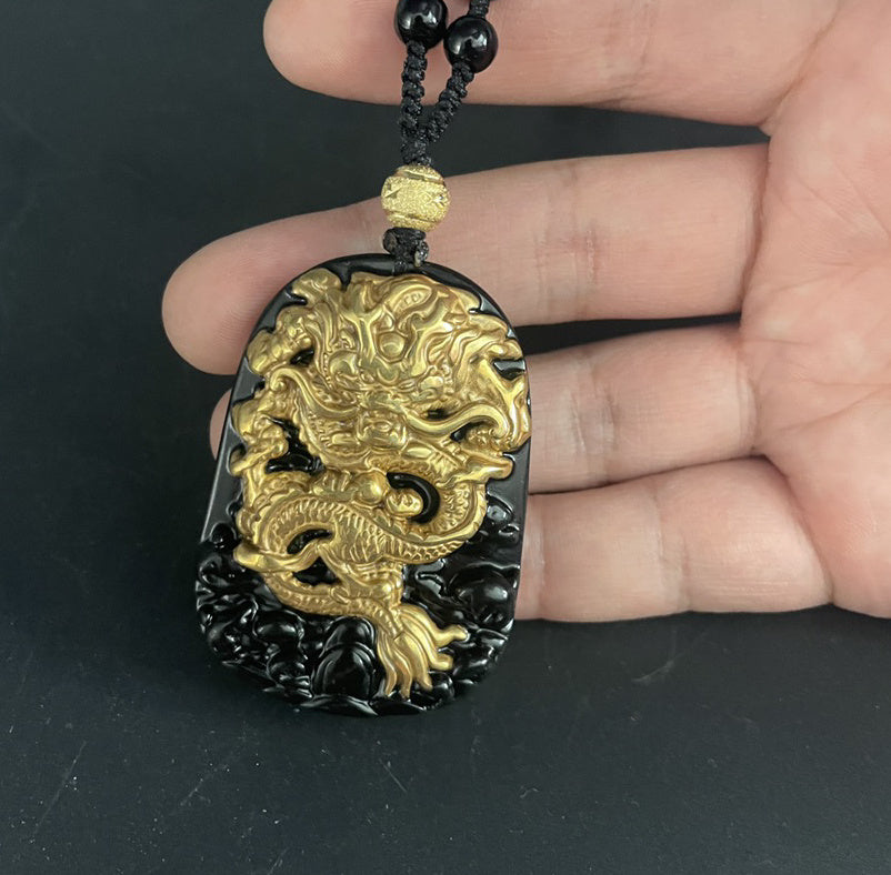 Natural Obsidian With 18K Gold Dragon Pendant