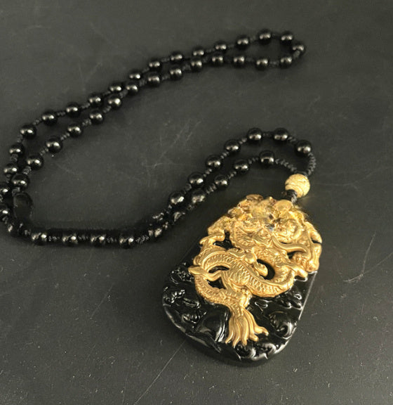 Natural Obsidian With 18K Gold Dragon Pendant