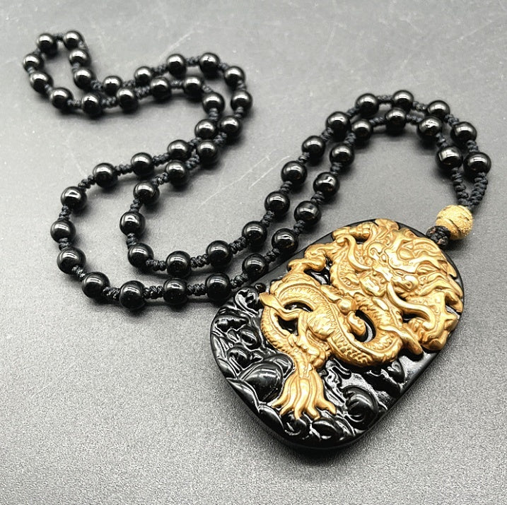 Natural Obsidian With 18K Gold Dragon Pendant
