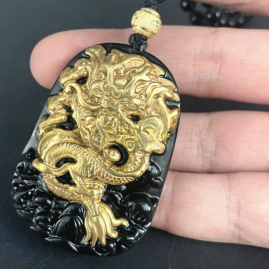 Natural Obsidian With 18K Gold Dragon Pendant