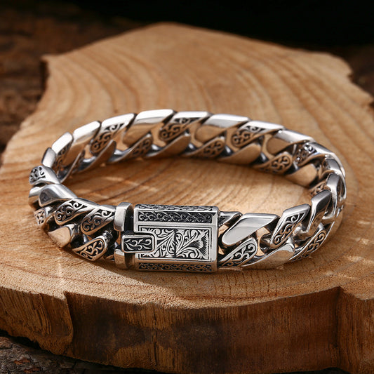 925 Sterling Silver Bracelet Thick Tangcao Pattern Cuban Men