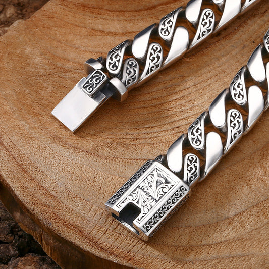 925 Sterling Silver Bracelet Thick Tangcao Pattern Cuban Men