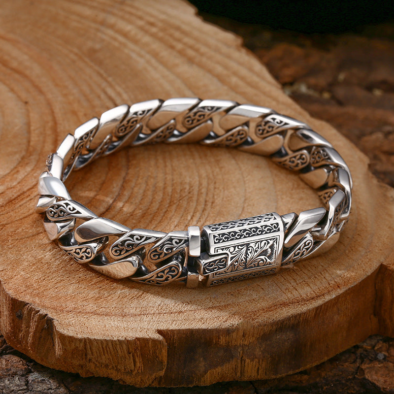 925 Sterling Silver Bracelet Thick Tangcao Pattern Cuban Men