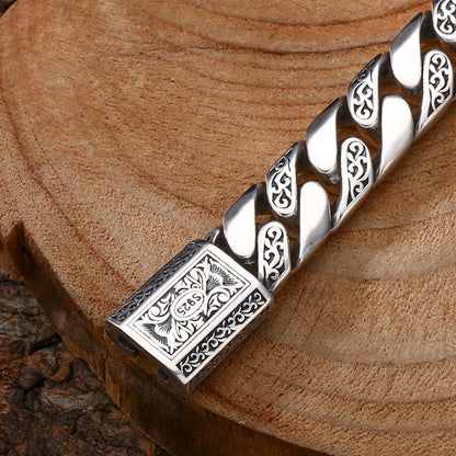 925 Sterling Silver Bracelet Thick Tangcao Pattern Cuban Men